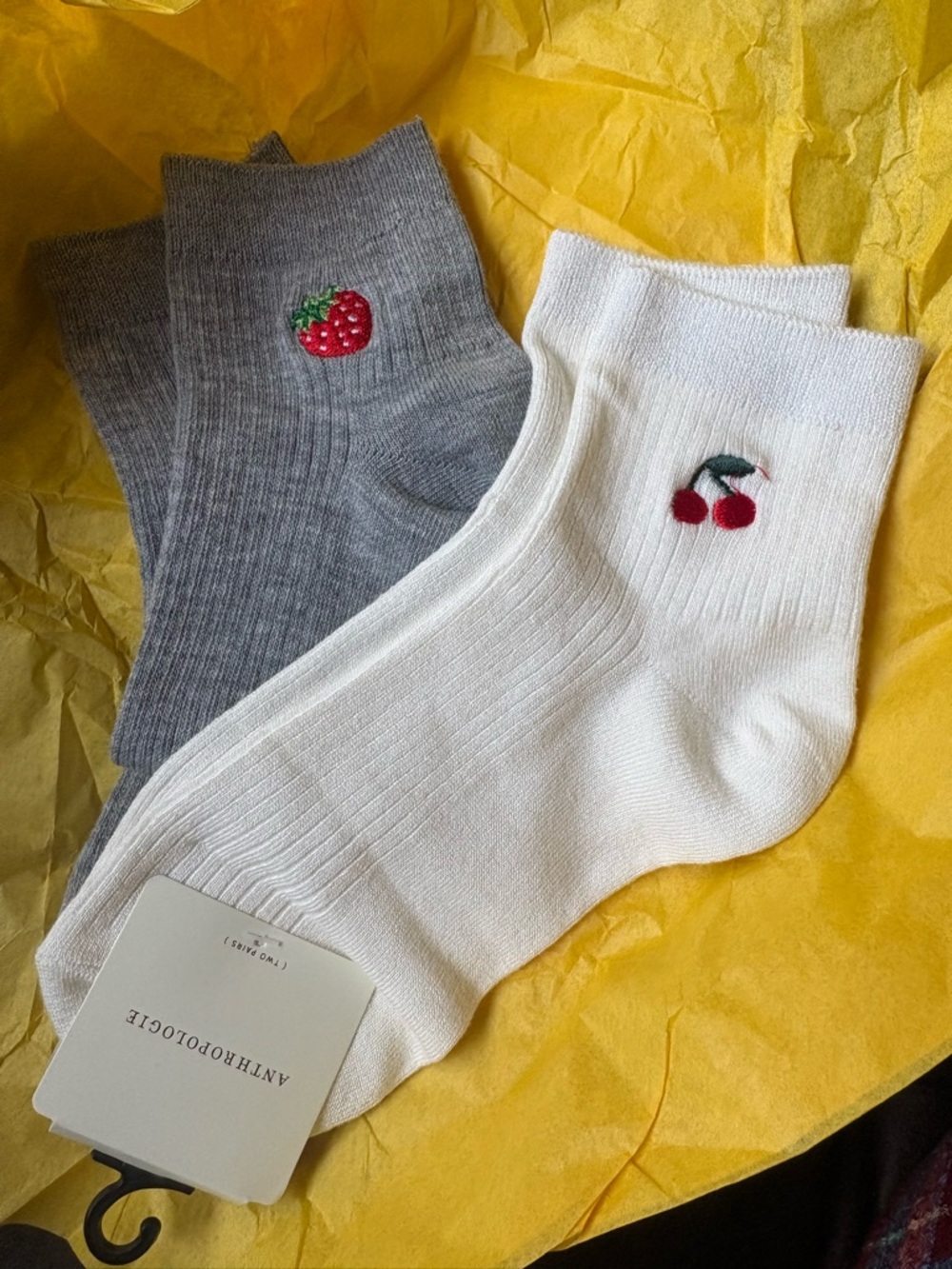 Anthropologie trouser icon cherry strawberry embroidered socks - Picture 2 of 6
